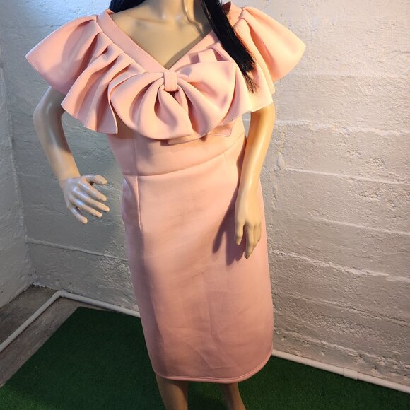 Aomei Peach Bodycon Ruffle Top Bow Zipper Back Scuba Fabric Midi Dress Size 1X - Picture 2 of 11